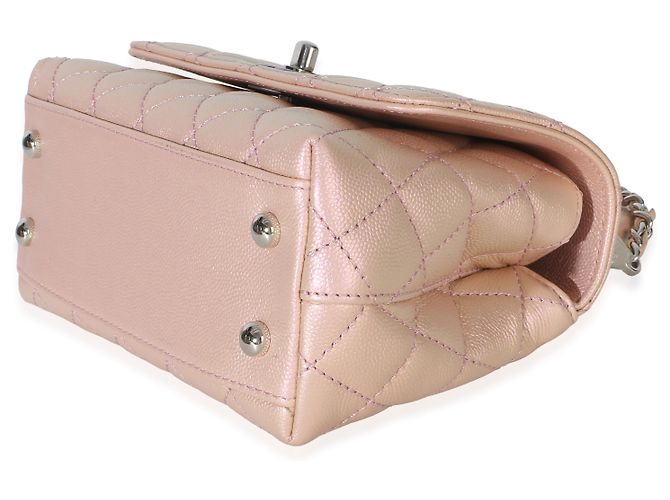 Borsa Chanel Mini Coco Top Handle Flap in Caviar Trapuntato Iridescente Rosa Chiaro Metallico - vista 6
