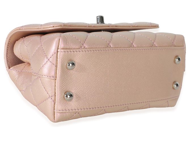 Borsa Chanel Mini Coco Top Handle Flap in Caviar Trapuntato Iridescente Rosa Chiaro Metallico - vista 7