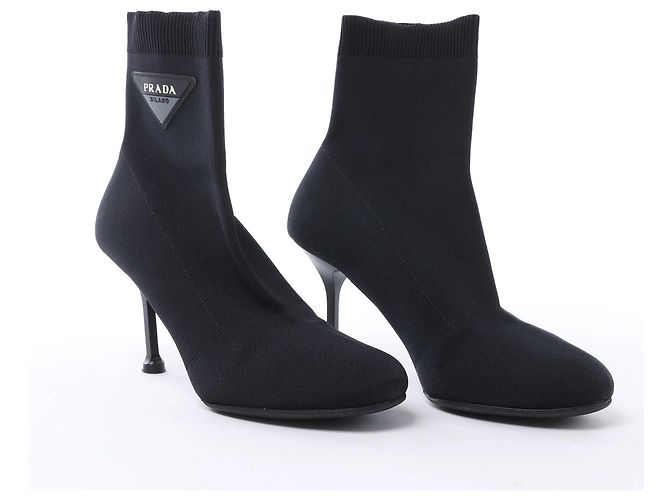 SOCK STIEFEL aus Leder und Stoff mit Prada Triangle Logo, Schwarz, Größe EU 38 - Ansicht 2