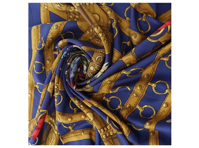 Foulard in seta Hermès Carré 90 "AUX CHAMPS" Blu Navy - vista 14