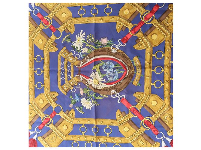 Foulard in seta Hermès Carré 90 "AUX CHAMPS" Blu Navy - vista 5