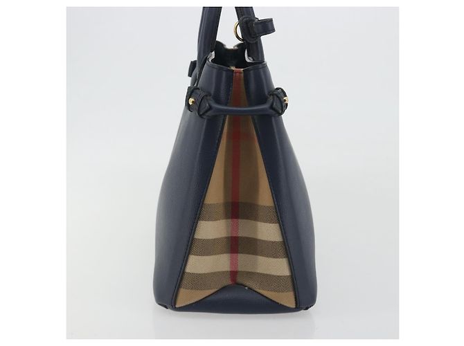 Burberry Banner in pelle e tela House Check Medium Blu navy - vista 3