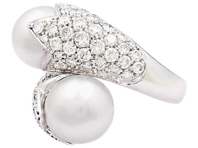 Autre Marque „Toi & Moi“-Ring, Weißgold, Perlen, Diamanten - Ansicht 2