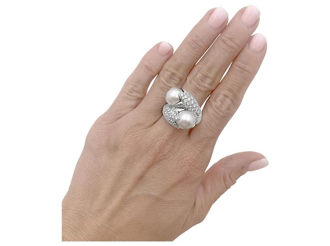 Autre Marque „Toi & Moi“-Ring, Weißgold, Perlen, Diamanten - Ansicht 4