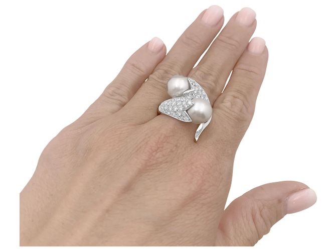 Autre Marque „Toi & Moi“-Ring, Weißgold, Perlen, Diamanten - Ansicht 5
