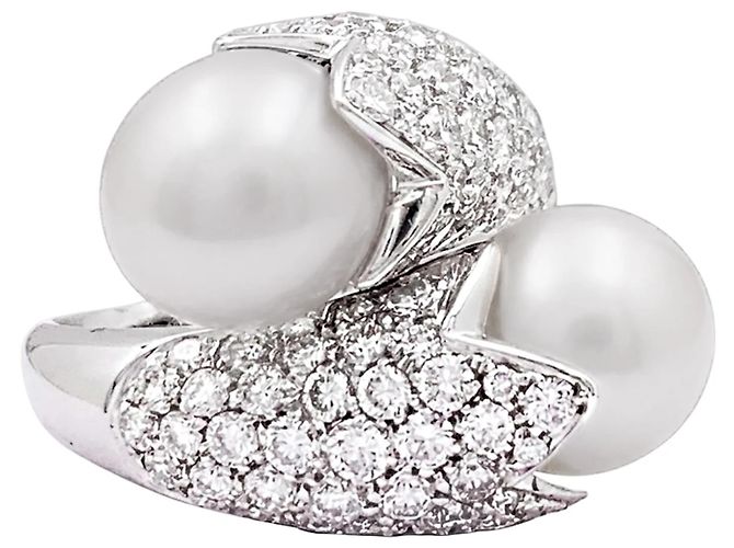 Autre Marque „Toi & Moi“-Ring, Weißgold, Perlen, Diamanten - Ansicht 6