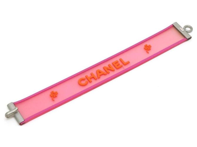 Bracciale Chanel in resina rosa traslucida con logo arancione e fiori Metallico - vista 6
