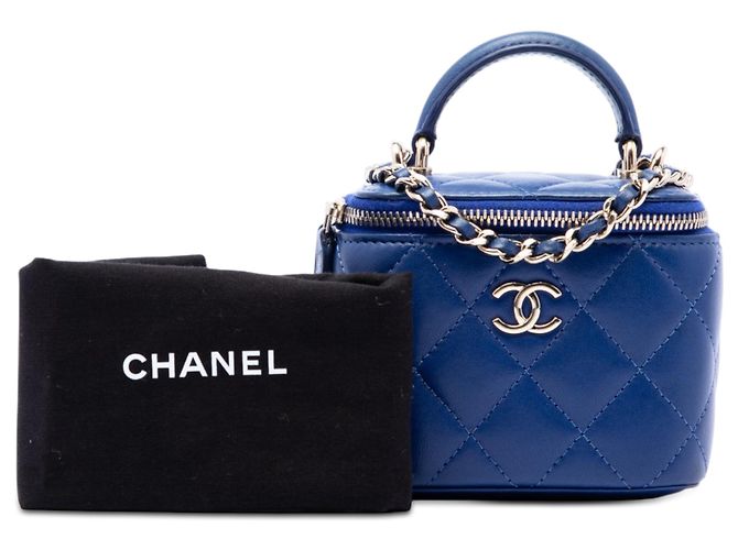 Chanel Blue Mini CC Matelassé in agnello con manico superiore e catena Vanity Case - vista 7