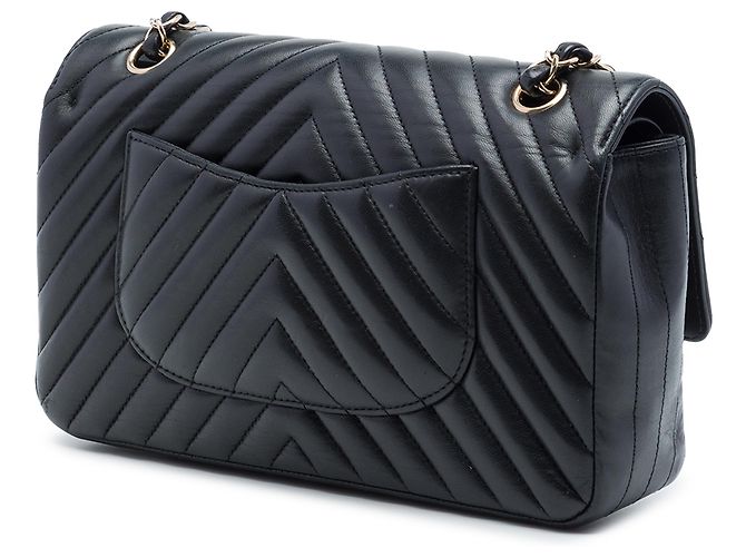 Chanel Black Medium Classic Chevron Crumpled Calfskin Double Flap Nero - vista 2