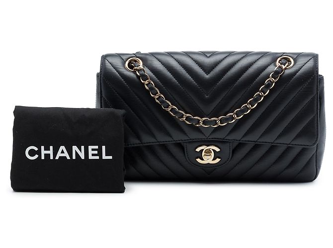 Chanel Black Medium Classic Chevron Crumpled Calfskin Double Flap Nero - vista 7