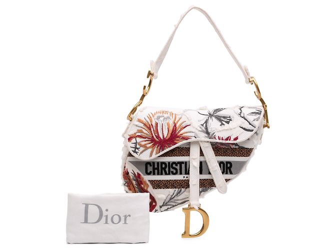 Dior Saddle Bag aus weißem Canvas mit Camouflage-Blumenstickerei - Ansicht 7