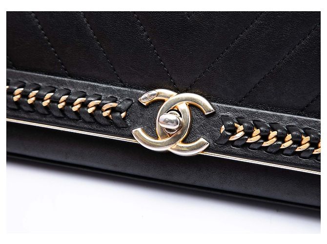 Chanel Black Chevron Sheepskin Stitched Chain Top Handle Flap Nero - vista 5