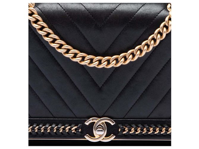 Chanel Black Chevron Sheepskin Stitched Chain Top Handle Flap Nero - vista 6