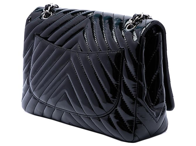 Chanel Black Jumbo Classic Chevron Patent Single Flap Nero - vista 2