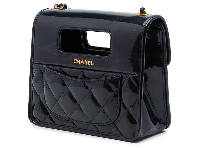 Chanel Black Mini Quilted Patent Graphic Catch Flap Nero - vista 2