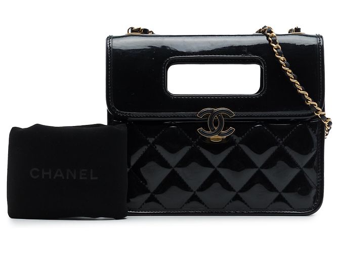 Chanel Black Mini Quilted Patent Graphic Catch Flap Nero - vista 7