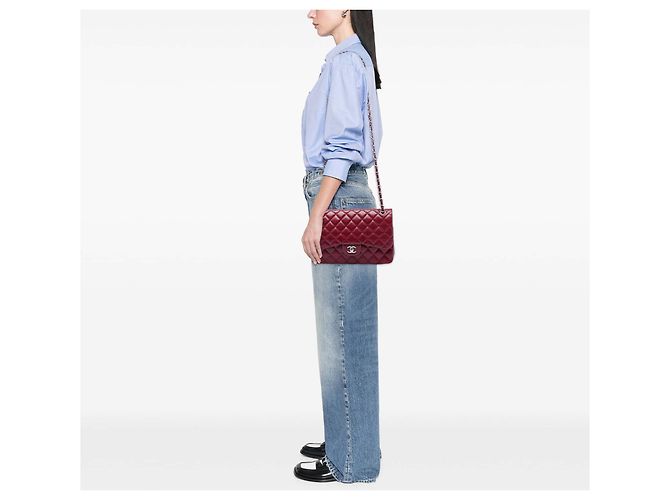 Chanel Red Jumbo Classic Caviar Double Flap Rosso Bordò - vista 6