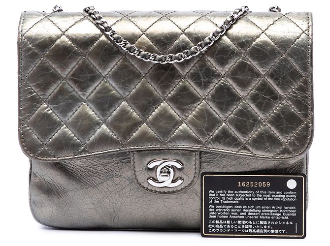 Chanel Gray Medium Metallic Crackled Calfskin Clams Pocket Flap Marrone Grigio antracite - vista 7