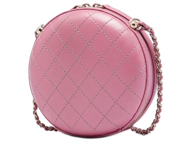 Chanel Borsa a tracolla rotonda in pelle di vitello con cuciture CC rosa e catena - vue 2