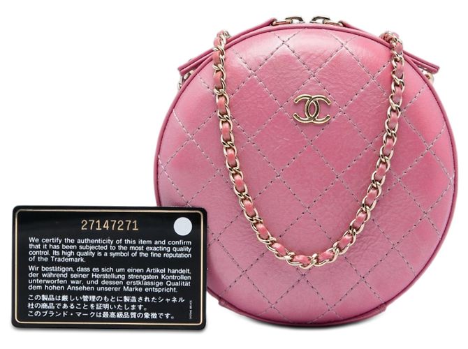 Chanel Borsa a tracolla rotonda in pelle di vitello con cuciture CC rosa e catena - vue 6