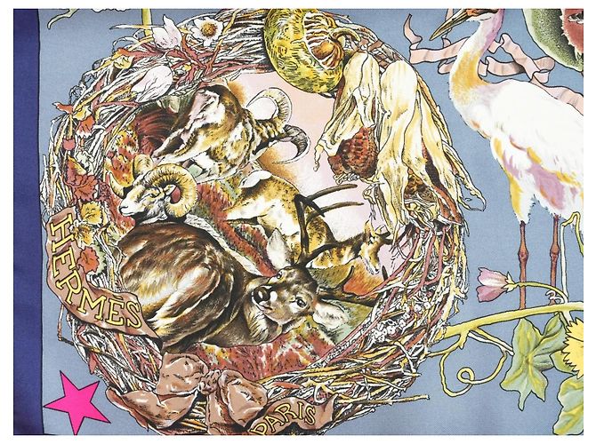 Carré Hermès Faune et Flore du Texas Wildlife in Seta 90 cm Marrone Rosa Bianco Blu D'oro Giallo - vista 10