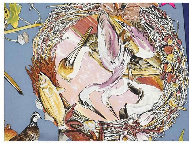 Carré Hermès Faune et Flore du Texas Wildlife in Seta 90 cm Marrone Rosa Bianco Blu D'oro Giallo - vista 13