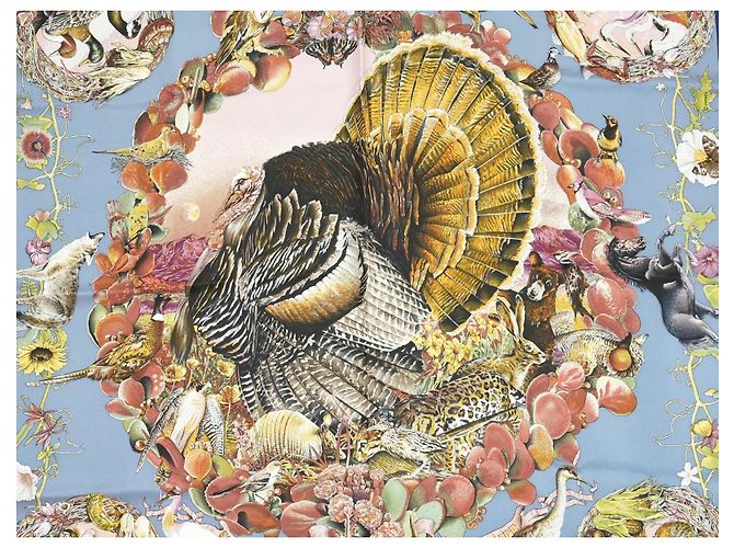 Carré Hermès Faune et Flore du Texas Wildlife in Seta 90 cm Marrone Rosa Bianco Blu D'oro Giallo - vista 2