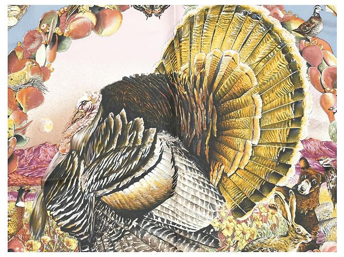 Carré Hermès Faune et Flore du Texas Wildlife in Seta 90 cm Marrone Rosa Bianco Blu D'oro Giallo - vista 3