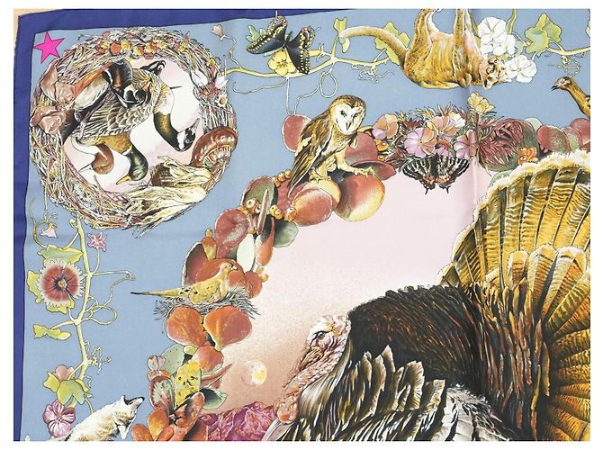 Carré Hermès Faune et Flore du Texas Wildlife in Seta 90 cm Marrone Rosa Bianco Blu D'oro Giallo - vista 4