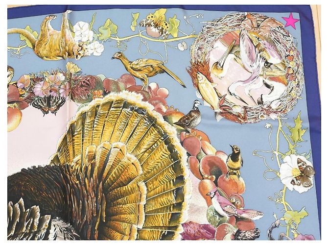 Carré Hermès Faune et Flore du Texas Wildlife in Seta 90 cm Marrone Rosa Bianco Blu D'oro Giallo - vista 5