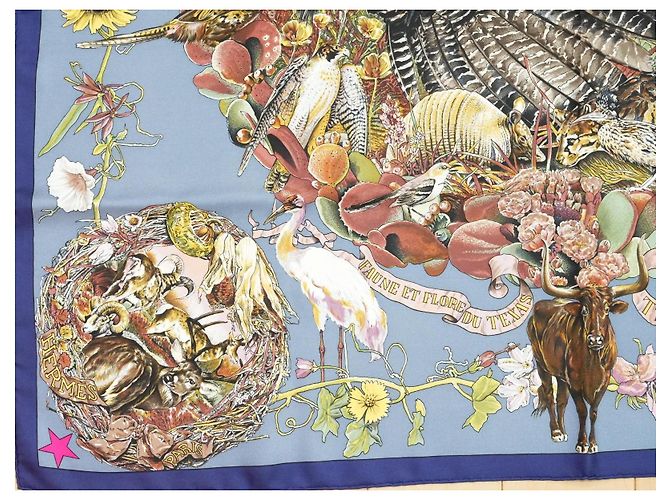 Carré Hermès Faune et Flore du Texas Wildlife in Seta 90 cm Marrone Rosa Bianco Blu D'oro Giallo - vista 7