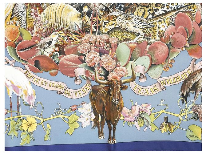 Carré Hermès Faune et Flore du Texas Wildlife in Seta 90 cm Marrone Rosa Bianco Blu D'oro Giallo - vista 8