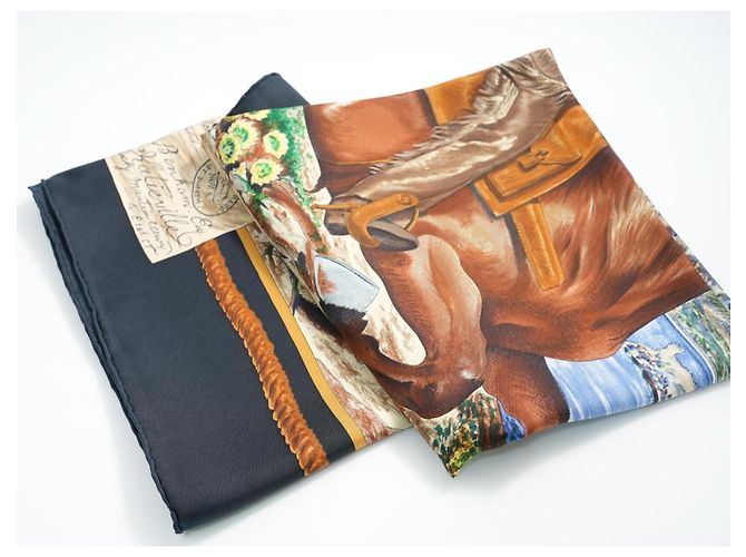 Carré Hermès The Pony Express di Kermit Oliver 90 cm Seta Nera Marrone Nero Bianco Blu Multicolore Beige D'oro - vista 15