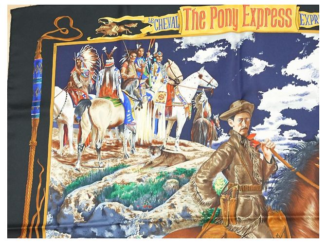 Carré Hermès The Pony Express di Kermit Oliver 90 cm Seta Nera Marrone Nero Bianco Blu Multicolore Beige D'oro - vista 2