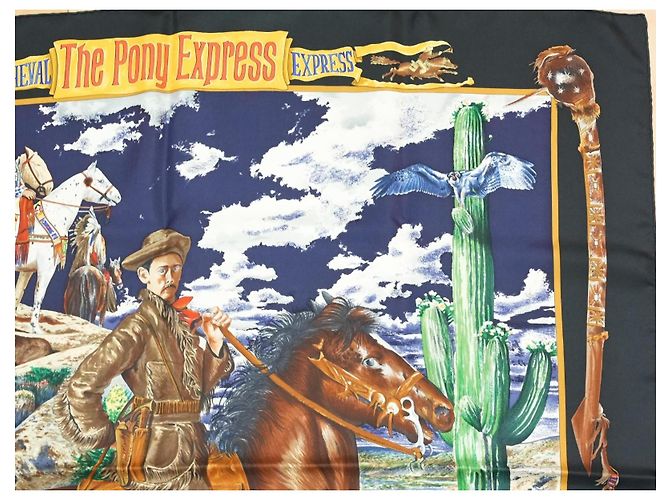 Carré Hermès The Pony Express di Kermit Oliver 90 cm Seta Nera Marrone Nero Bianco Blu Multicolore Beige D'oro - vista 3