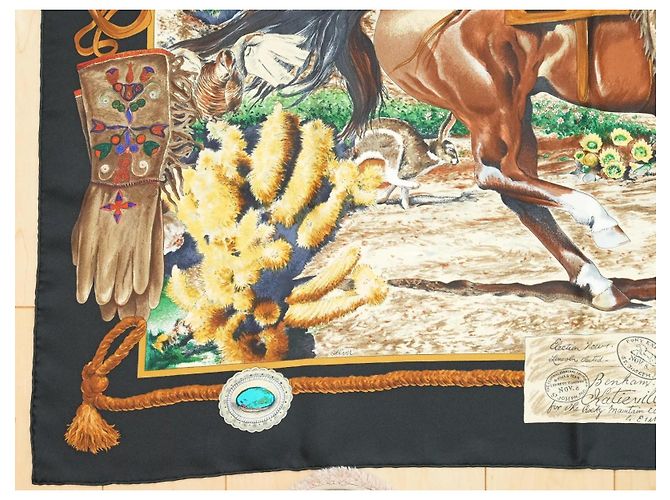 Carré Hermès The Pony Express di Kermit Oliver 90 cm Seta Nera Marrone Nero Bianco Blu Multicolore Beige D'oro - vista 5