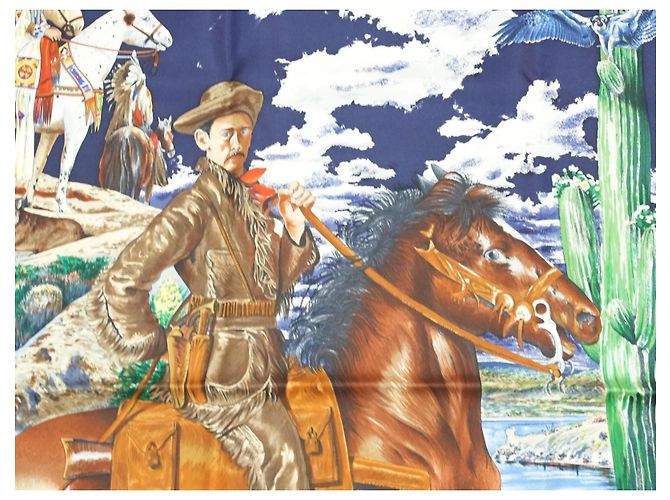 Carré Hermès The Pony Express di Kermit Oliver 90 cm Seta Nera Marrone Nero Bianco Blu Multicolore Beige D'oro - vista 7
