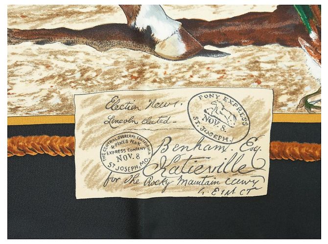 Carré Hermès The Pony Express di Kermit Oliver 90 cm Seta Nera Marrone Nero Bianco Blu Multicolore Beige D'oro - vista 8