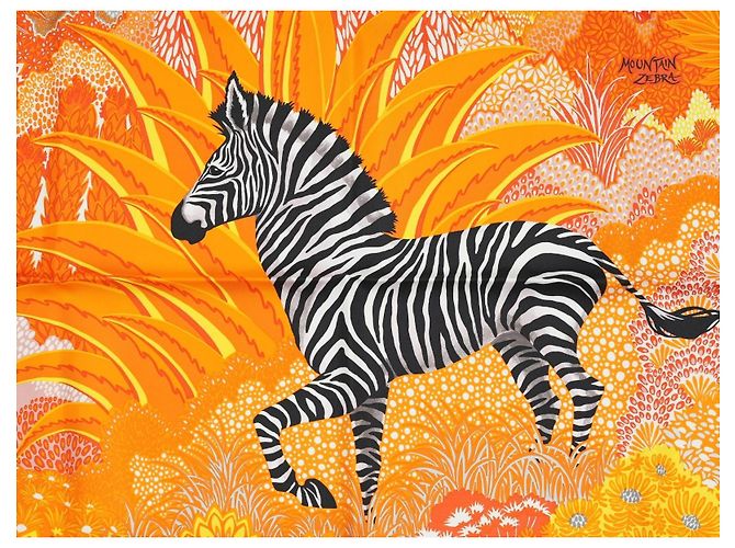 Hermès Carré Mountain Zebra Seidenschal 90 cm Orange Schwarz Weiß Grau Gelb - Ansicht 2
