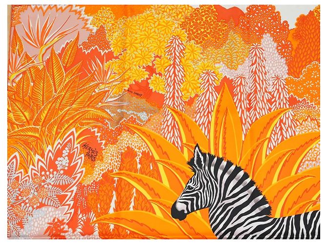 Hermès Carré Mountain Zebra Seidenschal 90 cm Orange Schwarz Weiß Grau Gelb - Ansicht 3