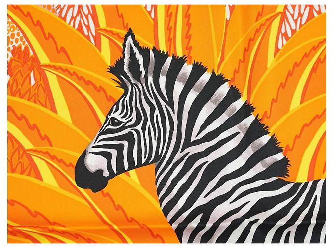 Hermès Carré Mountain Zebra Seidenschal 90 cm Orange Schwarz Weiß Grau Gelb - Ansicht 7