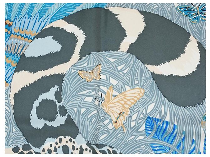 Hermès Foulard Jaguar Quetzal 90cm Seta Blu Marrone Bianco D'oro Grigio - vista 10