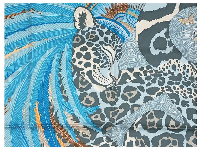 Hermès Foulard Jaguar Quetzal 90cm Seta Blu Marrone Bianco D'oro Grigio - vista 2