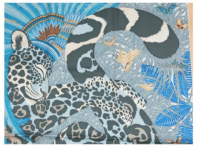 Hermès Foulard Jaguar Quetzal 90cm Seta Blu Marrone Bianco D'oro Grigio - vista 4