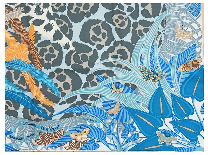Hermès Foulard Jaguar Quetzal 90cm Seta Blu Marrone Bianco D'oro Grigio - vista 5