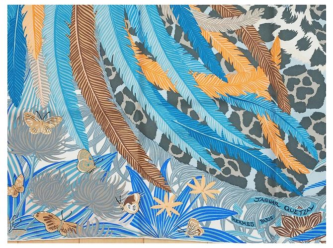Hermès Foulard Jaguar Quetzal 90cm Seta Blu Marrone Bianco D'oro Grigio - vista 6