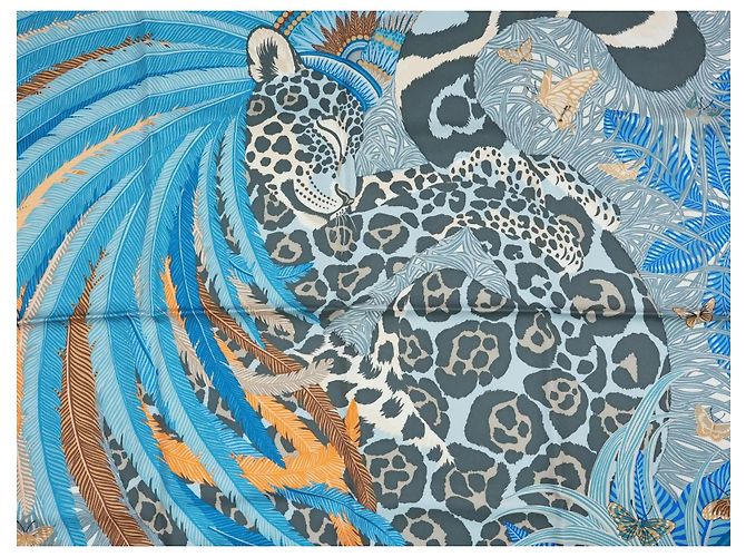 Hermès Foulard Jaguar Quetzal 90cm Seta Blu Marrone Bianco D'oro Grigio - vista 7