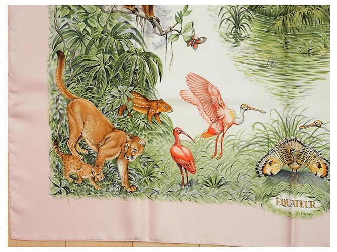 Carré Hermès Equateur 90cm Seta Rosa Marrone Bianco Blu Beige Verde Arancione - vista 6