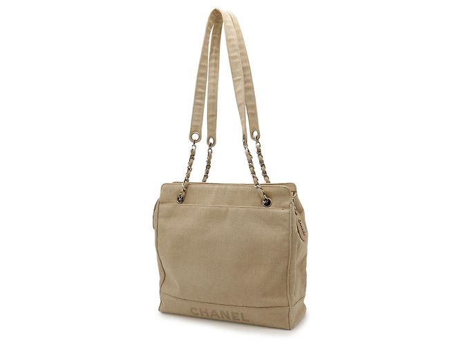 Chanel Schultertasche aus Leinen Braun Beige - Ansicht 2