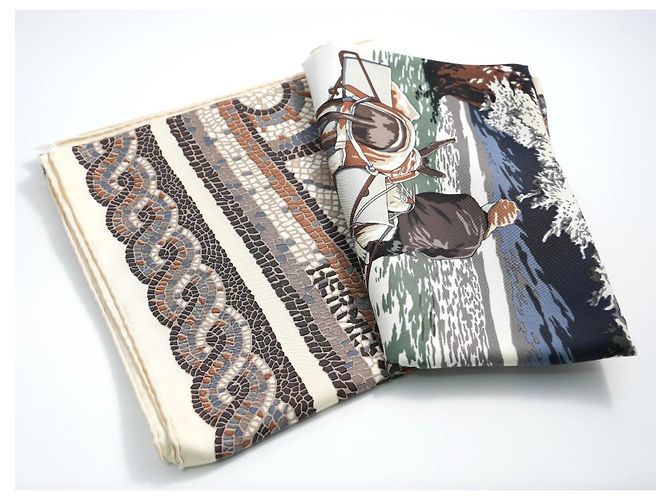 Carré Hermès Sous Le Cèdre 90 cm Seta Beige/Bianco Marrone Blu Grigio - vista 14